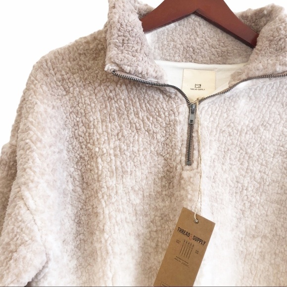 THREAD & SUPPLY NWT Wubby Sherpa Fleece Pullover Jacket in Cream and Gray - Picture 5 of 13